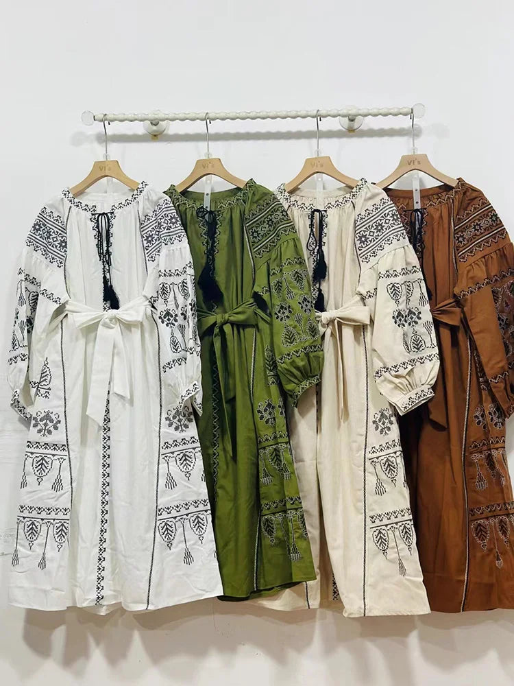 Bohemian Retro Ethnic Style Dress Women's New Spring Autumn Embroidered Lace Up Lantern Sleeves Waist Cinching Long Dress A155