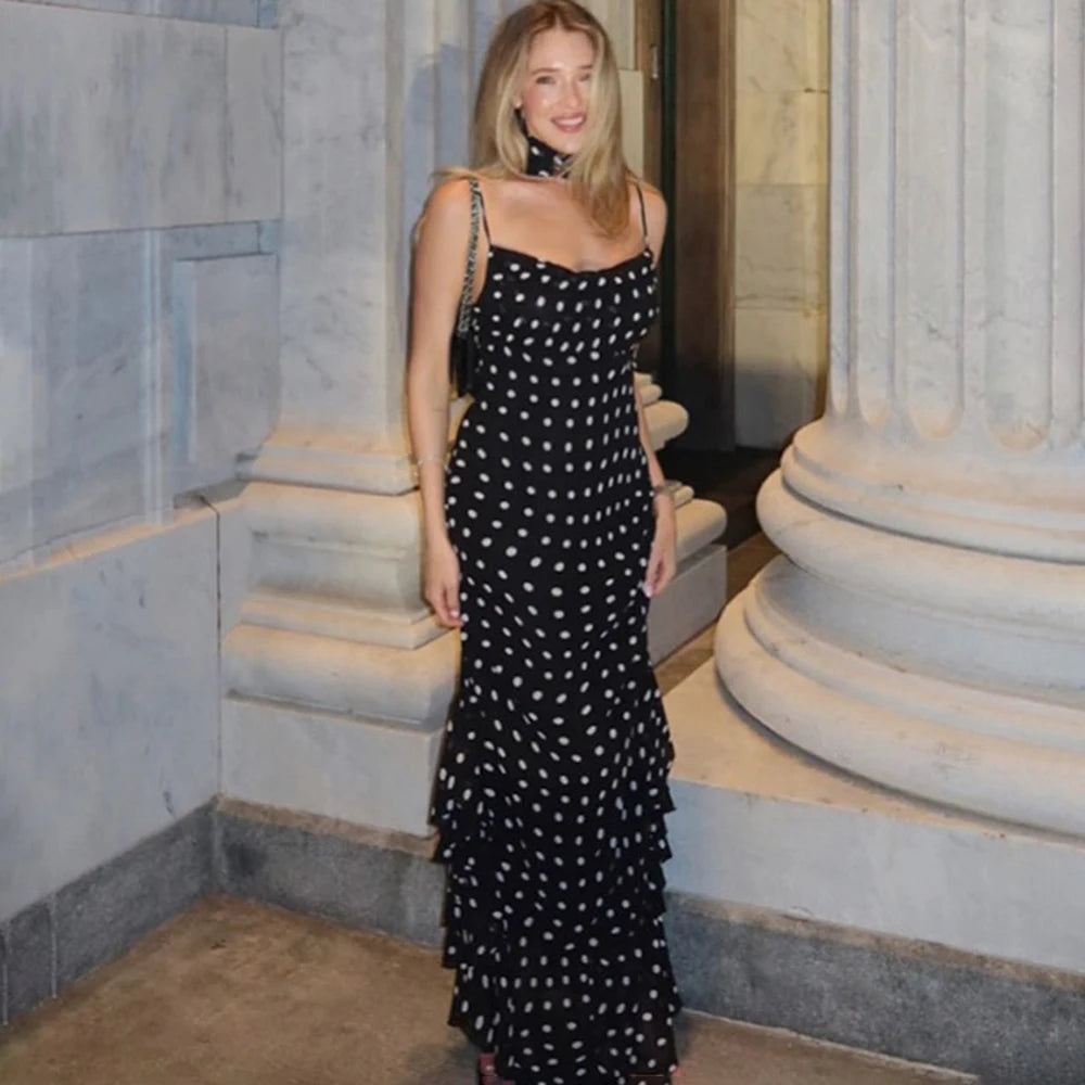Tuularose Elegant Polka Dot Long Dress Summer Scarf Ribbon Ruffle Halter Pleated Dress Luxury Sleeveless Women's Evening Dresses