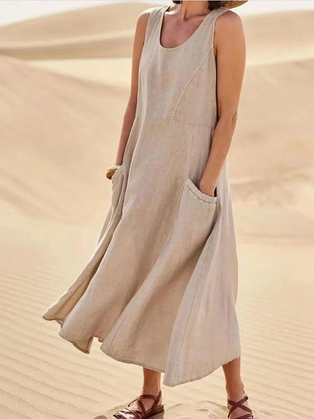 Women Coton Linen Sundress Summer Female Sleeveless Double Big Pocket Loose Sand Beachwear Long Dress Oversized S-5XL LRFZ-818