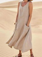 Women Coton Linen Sundress Summer Female Sleeveless Double Big Pocket Loose Sand Beachwear Long Dress Oversized S-5XL LRFZ-818