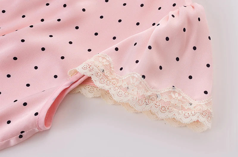Chu Sau beauty Women New Fashion Sweet Polka Dot Print Chic Lace Patchwork V-neck Long Dress Vintage Short Sleeve Party Dresses