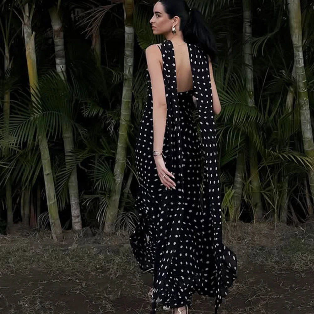 Tuularose Elegant Polka Dot Long Dress Summer Scarf Ribbon Ruffle Halter Pleated Dress Luxury Sleeveless Women's Evening Dresses