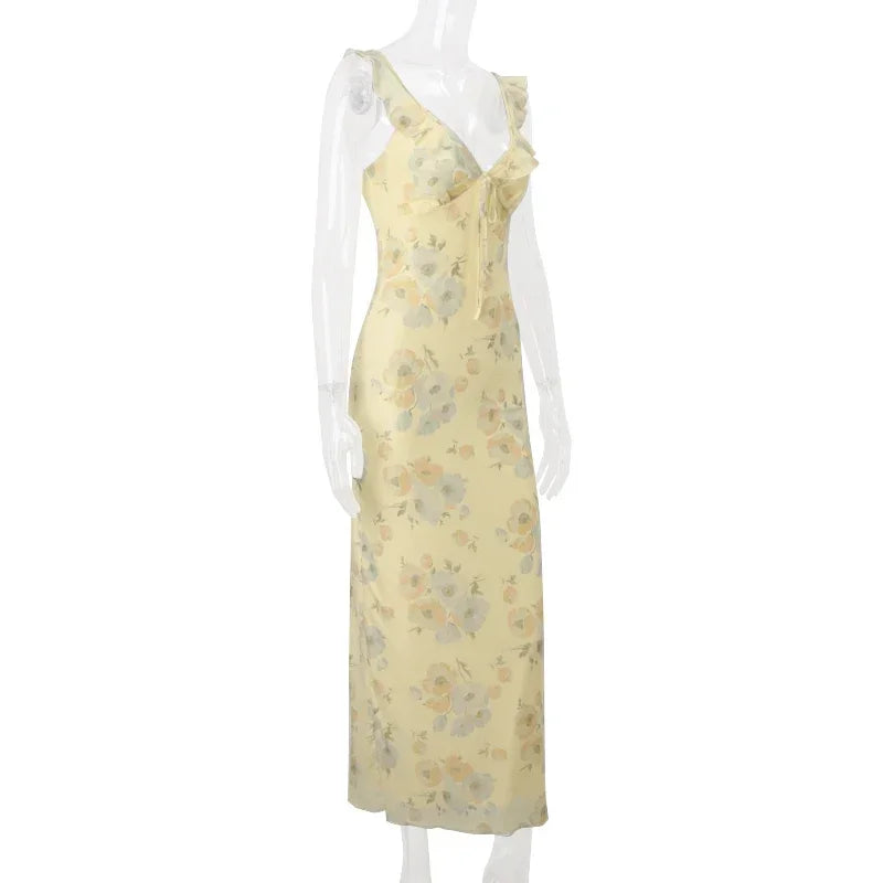 Retro V Neck Dresses Yellow Sleeveless Flower Print  Maxi Long Dress Elegant High Waist Female Holiday Party Vestidos