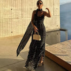 Tuularose Elegant Polka Dot Long Dress Summer Scarf Ribbon Ruffle Halter Pleated Dress Luxury Sleeveless Women's Evening Dresses