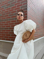 Bornladies Summer Cotton Women's Oversized Bubble Sleeve Dresses Fashionable Ladies O-Neck Chic Short Sleeve Loose Long Dress