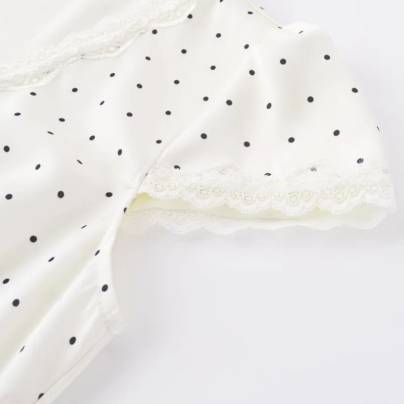 Chu Sau beauty Women New Fashion Sweet Polka Dot Print Chic Lace Patchwork V-neck Long Dress Vintage Short Sleeve Party Dresses