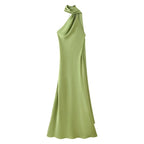 YENKYE High Street Women Sexy Elegant Halter Long Dress Female Fashion Backless Green Satin Party Maxi Vestidos