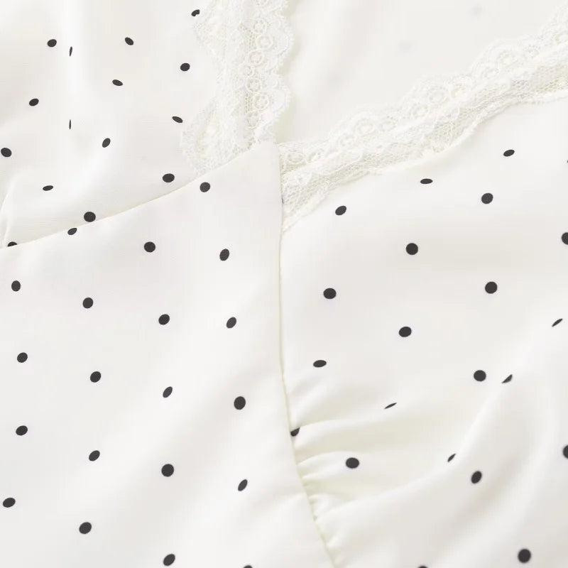 Chu Sau beauty Women New Fashion Sweet Polka Dot Print Chic Lace Patchwork V-neck Long Dress Vintage Short Sleeve Party Dresses