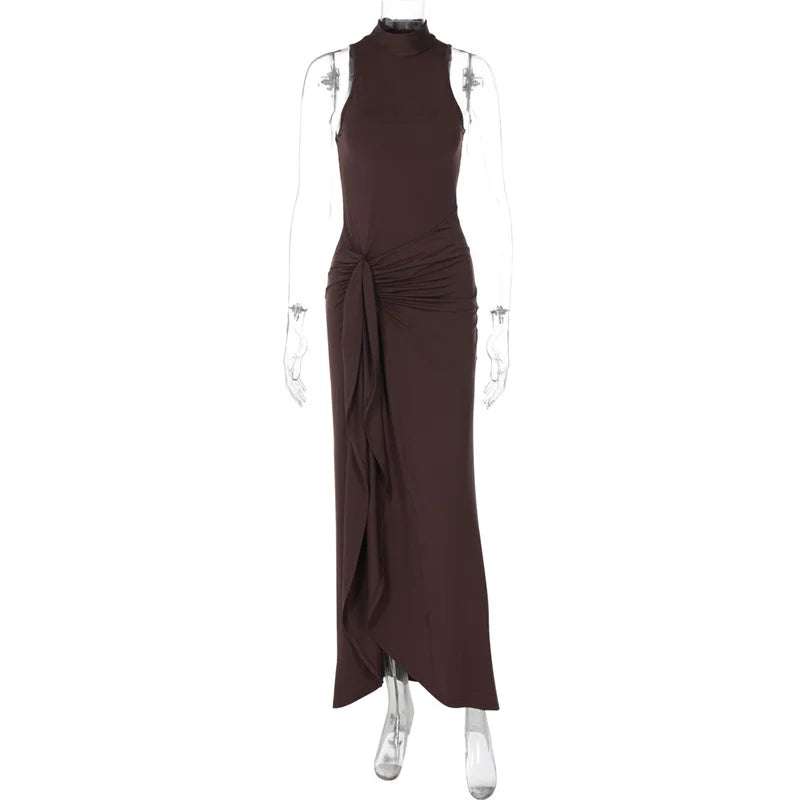 Mozision Elegant Draped Ruched Sexy Maxi Dress For Women Fashion O Neck Sleeveless Thigh High Split Club Party Long Dress Female