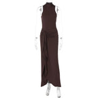 Mozision Elegant Draped Ruched Sexy Maxi Dress For Women Fashion O Neck Sleeveless Thigh High Split Club Party Long Dress Female