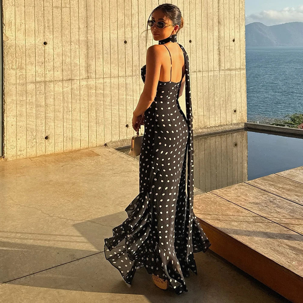 Tuularose Elegant Polka Dot Long Dress Summer Scarf Ribbon Ruffle Halter Pleated Dress Luxury Sleeveless Women's Evening Dresses