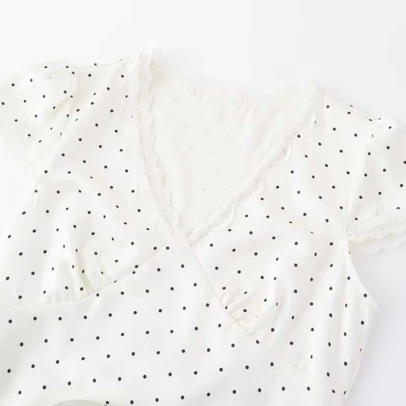 Chu Sau beauty Women New Fashion Sweet Polka Dot Print Chic Lace Patchwork V-neck Long Dress Vintage Short Sleeve Party Dresses