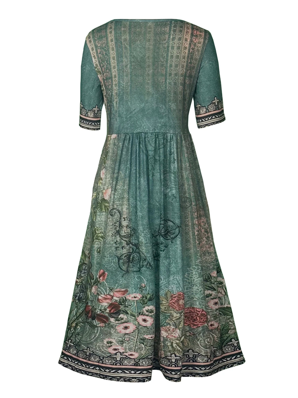 2025 summer new women's Bohemia loose fashion print round neck short sleeve long dress