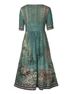 2025 summer new women's Bohemia loose fashion print round neck short sleeve long dress