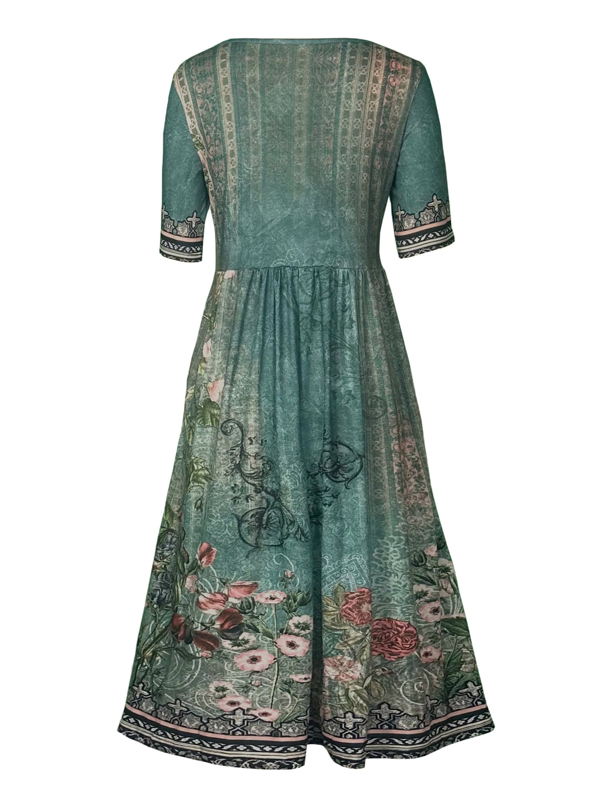 2025 summer new women's Bohemia loose fashion print round neck short sleeve long dress