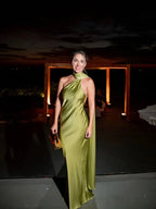 YENKYE High Street Women Sexy Elegant Halter Long Dress Female Fashion Backless Green Satin Party Maxi Vestidos