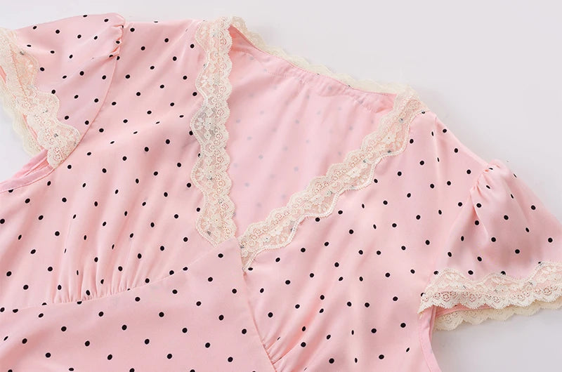 Chu Sau beauty Women New Fashion Sweet Polka Dot Print Chic Lace Patchwork V-neck Long Dress Vintage Short Sleeve Party Dresses