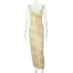 Retro V Neck Dresses Yellow Sleeveless Flower Print  Maxi Long Dress Elegant High Waist Female Holiday Party Vestidos