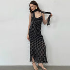 Tuularose Elegant Polka Dot Long Dress Summer Scarf Ribbon Ruffle Halter Pleated Dress Luxury Sleeveless Women's Evening Dresses