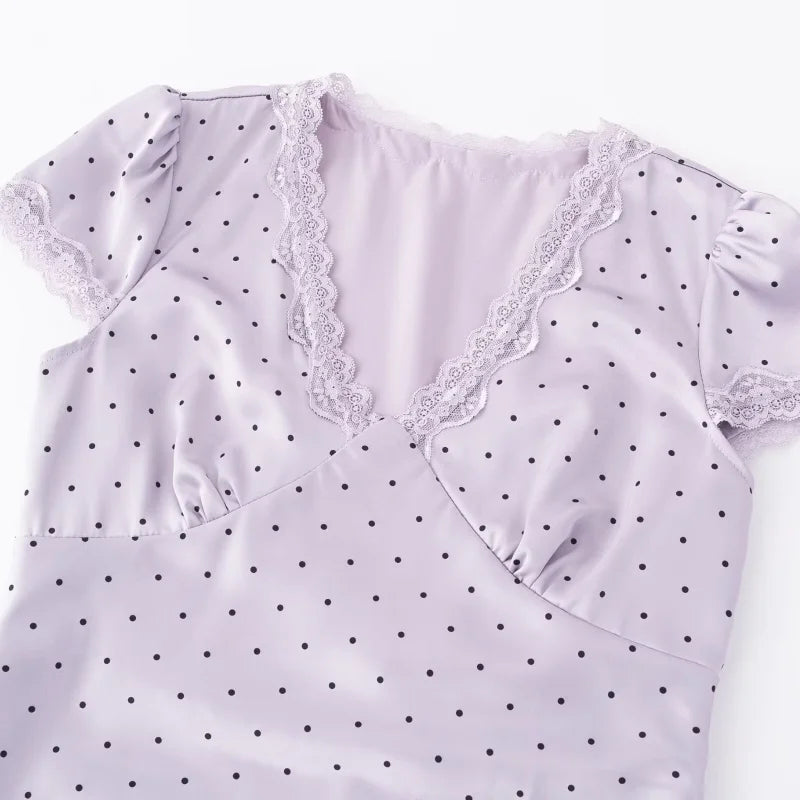Chu Sau beauty Women New Fashion Sweet Polka Dot Print Chic Lace Patchwork V-neck Long Dress Vintage Short Sleeve Party Dresses