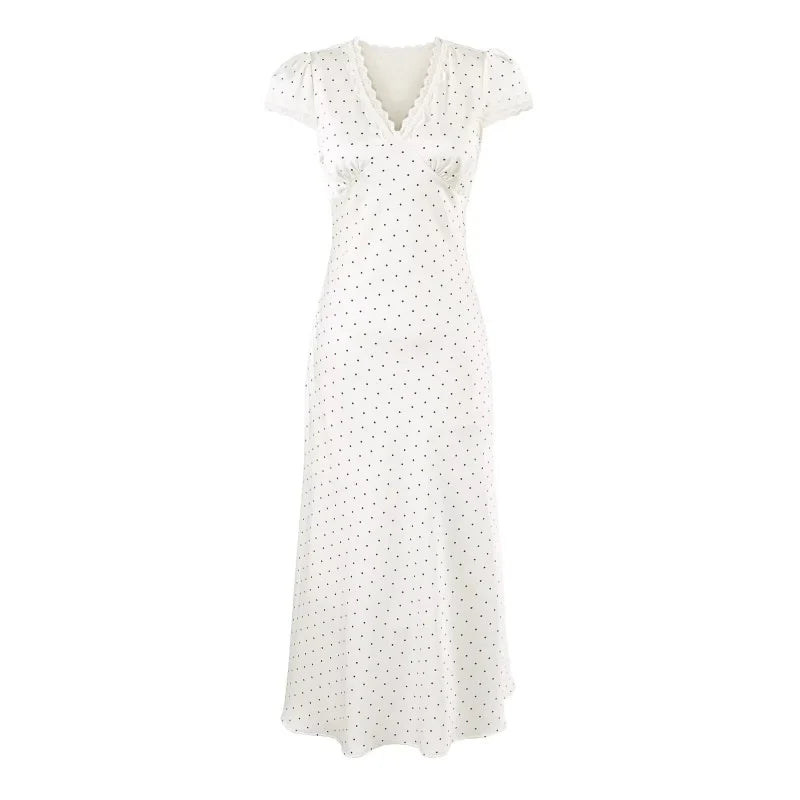 Chu Sau beauty Women New Fashion Sweet Polka Dot Print Chic Lace Patchwork V-neck Long Dress Vintage Short Sleeve Party Dresses