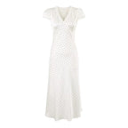 Chu Sau beauty Women New Fashion Sweet Polka Dot Print Chic Lace Patchwork V-neck Long Dress Vintage Short Sleeve Party Dresses