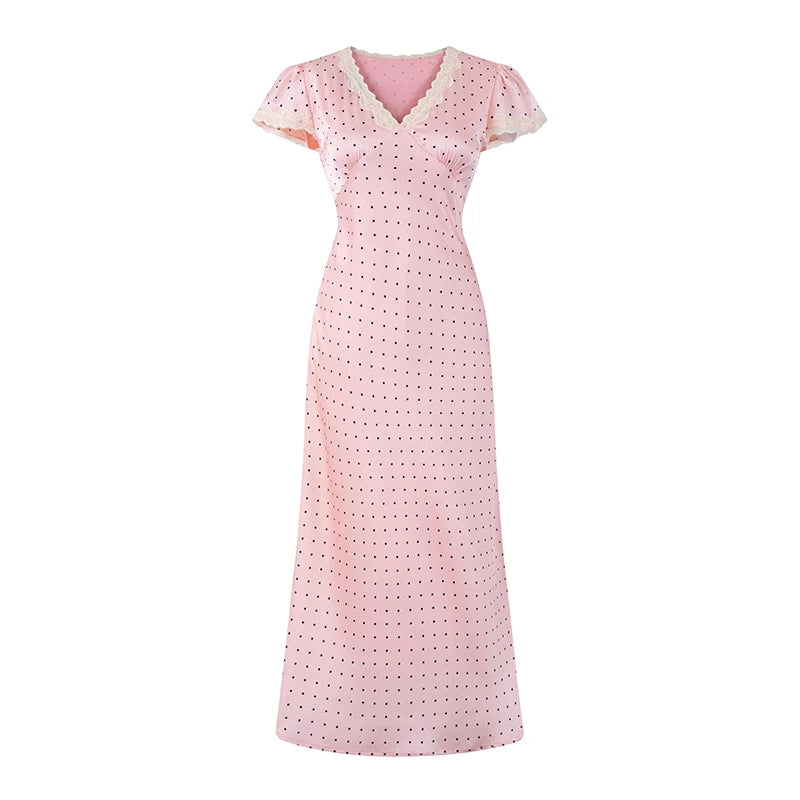 Chu Sau beauty Women New Fashion Sweet Polka Dot Print Chic Lace Patchwork V-neck Long Dress Vintage Short Sleeve Party Dresses