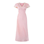 Chu Sau beauty Women New Fashion Sweet Polka Dot Print Chic Lace Patchwork V-neck Long Dress Vintage Short Sleeve Party Dresses