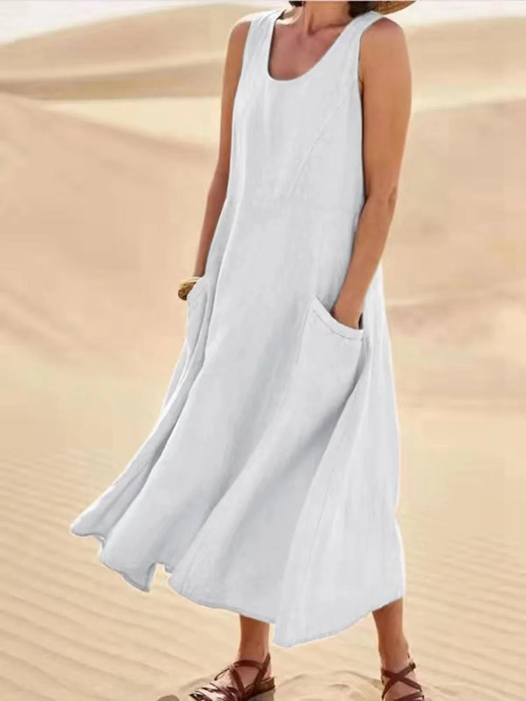 Women Coton Linen Sundress Summer Female Sleeveless Double Big Pocket Loose Sand Beachwear Long Dress Oversized S-5XL LRFZ-818