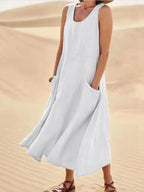 Women Coton Linen Sundress Summer Female Sleeveless Double Big Pocket Loose Sand Beachwear Long Dress Oversized S-5XL LRFZ-818