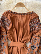 Bohemian Retro Ethnic Style Dress Women's New Spring Autumn Embroidered Lace Up Lantern Sleeves Waist Cinching Long Dress A155