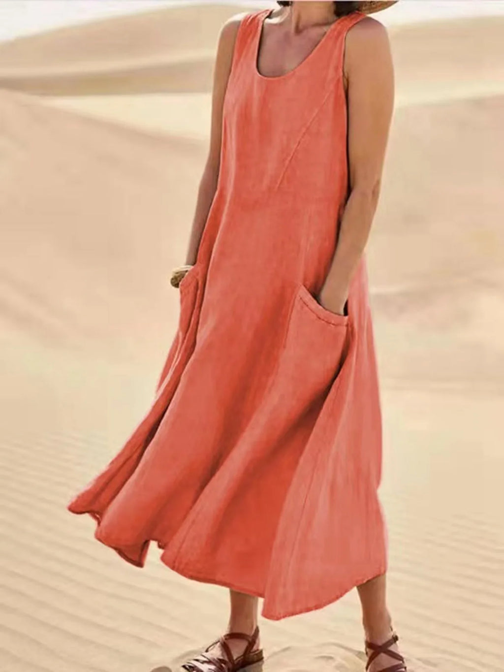 Women Coton Linen Sundress Summer Female Sleeveless Double Big Pocket Loose Sand Beachwear Long Dress Oversized S-5XL LRFZ-818
