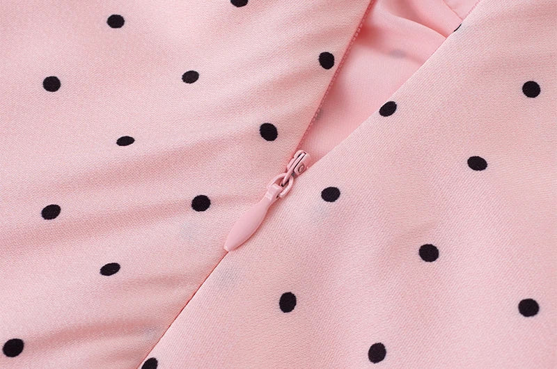 Chu Sau beauty Women New Fashion Sweet Polka Dot Print Chic Lace Patchwork V-neck Long Dress Vintage Short Sleeve Party Dresses