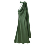 YENKYE High Street Women Sexy Elegant Halter Long Dress Female Fashion Backless Green Satin Party Maxi Vestidos