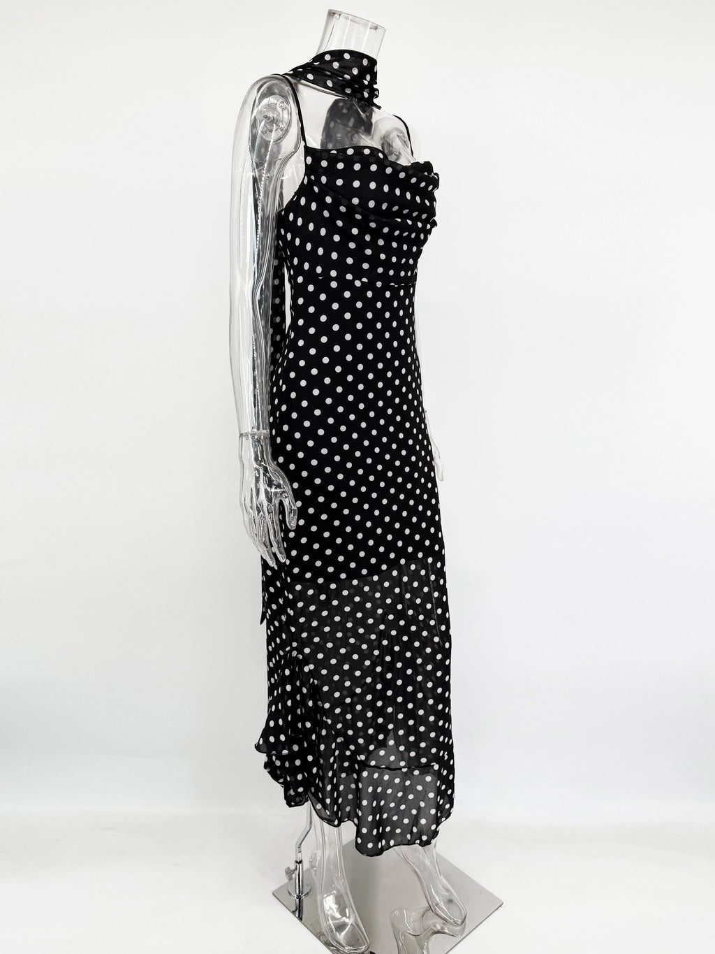 Tuularose Elegant Polka Dot Long Dress Summer Scarf Ribbon Ruffle Halter Pleated Dress Luxury Sleeveless Women's Evening Dresses