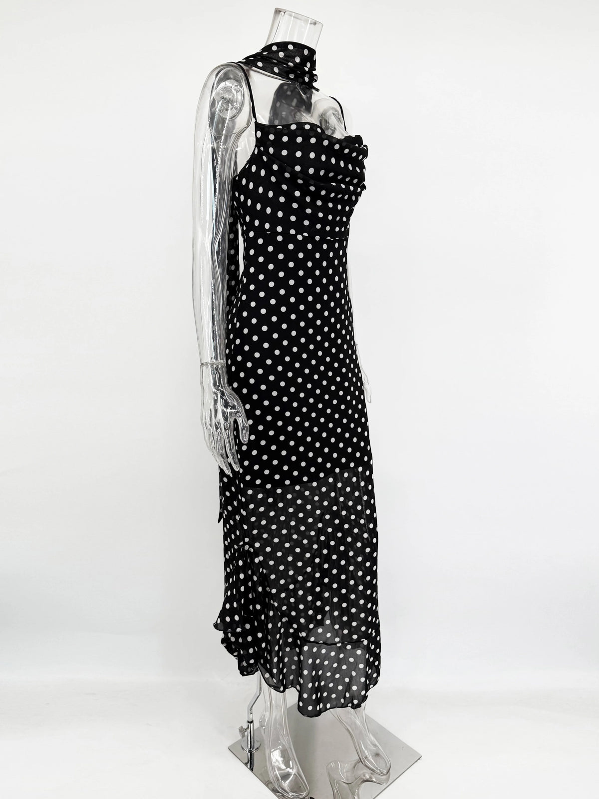 Tuularose Elegant Polka Dot Long Dress Summer Scarf Ribbon Ruffle Halter Pleated Dress Luxury Sleeveless Women's Evening Dresses