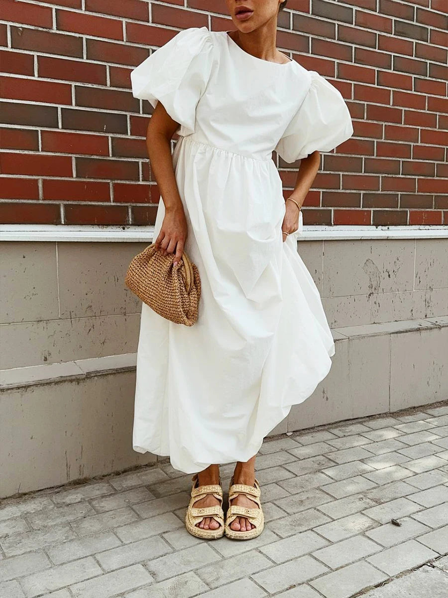 Bornladies Summer Cotton Women's Oversized Bubble Sleeve Dresses Fashionable Ladies O-Neck Chic Short Sleeve Loose Long Dress