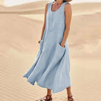 Women Coton Linen Sundress Summer Female Sleeveless Double Big Pocket Loose Sand Beachwear Long Dress Oversized S-5XL LRFZ-818