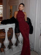 2026 Women's Elegant Shiny Red Sleeveless Long Dress Sexy Slim Bodycon Sequin Maxi Gown for Party Fashion Solid Color Robe