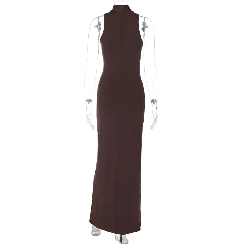 Mozision Elegant Draped Ruched Sexy Maxi Dress For Women Fashion O Neck Sleeveless Thigh High Split Club Party Long Dress Female