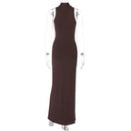 Mozision Elegant Draped Ruched Sexy Maxi Dress For Women Fashion O Neck Sleeveless Thigh High Split Club Party Long Dress Female