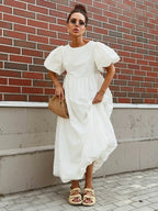 Bornladies Summer Cotton Women's Oversized Bubble Sleeve Dresses Fashionable Ladies O-Neck Chic Short Sleeve Loose Long Dress