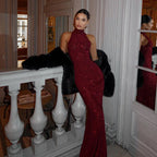 2026 Women's Elegant Shiny Red Sleeveless Long Dress Sexy Slim Bodycon Sequin Maxi Gown for Party Fashion Solid Color Robe