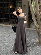 PTKPCC New Summer Waist-fitted Elegant French Style Women's Grey Short Sleeve Tank Dress Long Dress  Sexy Dress
