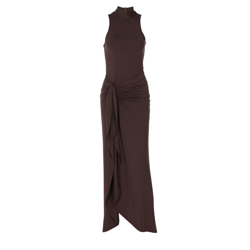 Mozision Elegant Draped Ruched Sexy Maxi Dress For Women Fashion O Neck Sleeveless Thigh High Split Club Party Long Dress Female