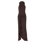 Mozision Elegant Draped Ruched Sexy Maxi Dress For Women Fashion O Neck Sleeveless Thigh High Split Club Party Long Dress Female
