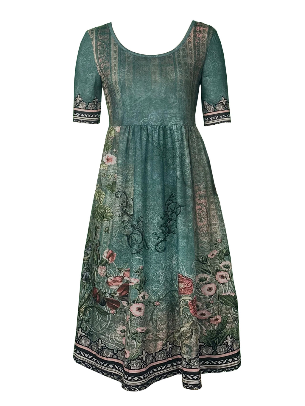 2025 summer new women's Bohemia loose fashion print round neck short sleeve long dress
