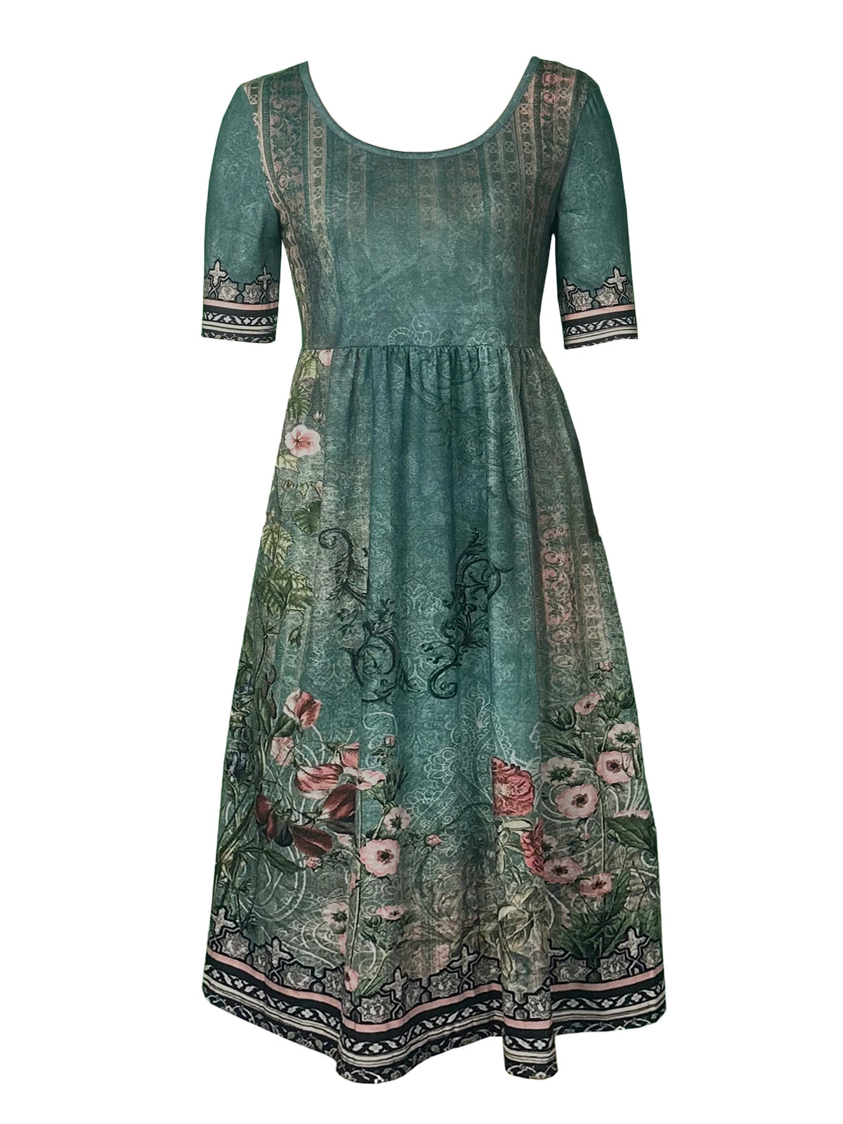 2025 summer new women's Bohemia loose fashion print round neck short sleeve long dress