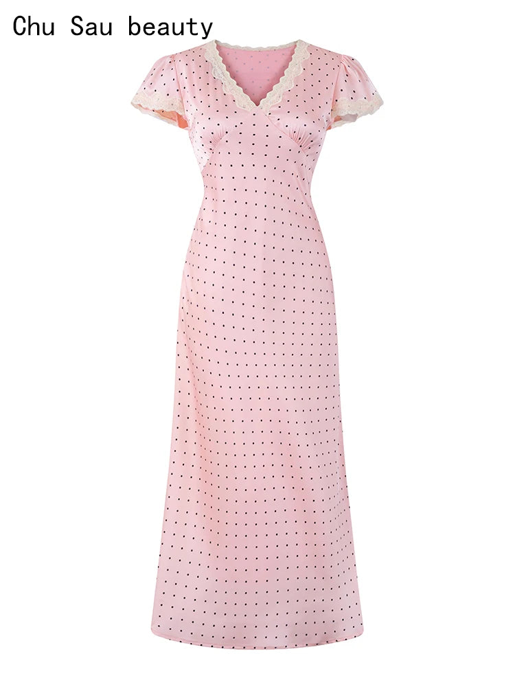 Chu Sau beauty Women New Fashion Sweet Polka Dot Print Chic Lace Patchwork V-neck Long Dress Vintage Short Sleeve Party Dresses