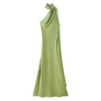 YENKYE High Street Women Sexy Elegant Halter Long Dress Female Fashion Backless Green Satin Party Maxi Vestidos